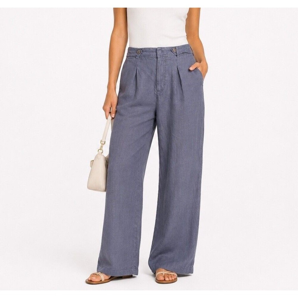 Nicole Miller Linen Pants 6 Wide Leg Blue Gray Pleated Front Trousers Coastal